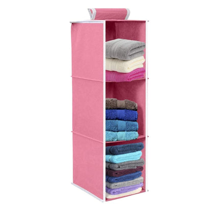 Non Woven Foldable Hanging 3 Shelves Wardrobe/Closet Cloth Organizer (Pink)-Pack of 1 Regular Organizer