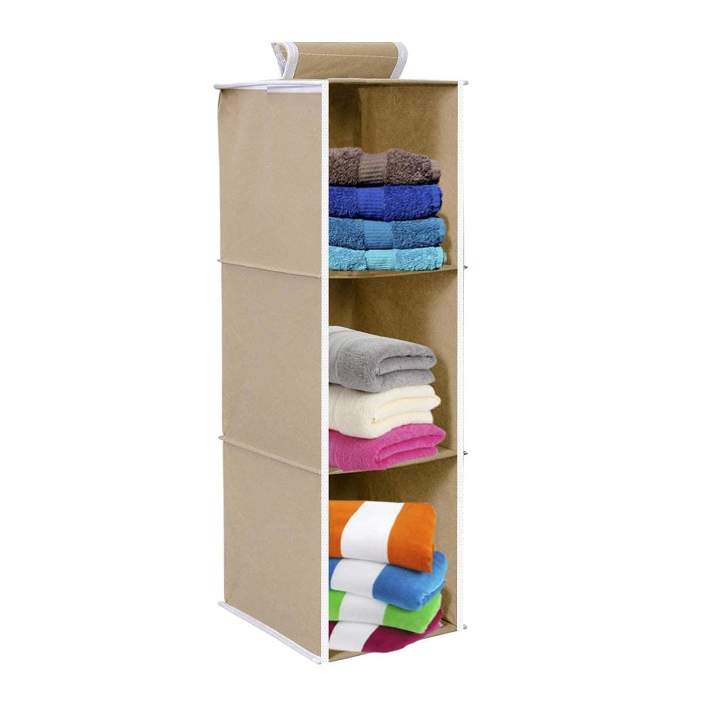 Non Woven Foldable Hanging 3 Shelves Wardrobe/Closet Cloth Organizer (Beige)-Pack of 1 Regular Organizer