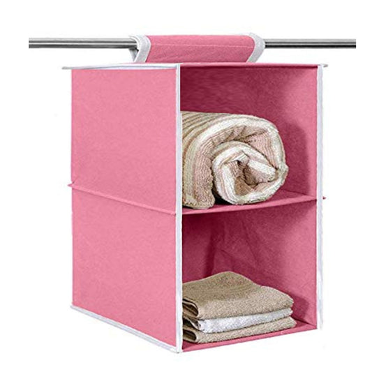 Non Woven Foldable Hanging 2 Shelves Wardrobe/Closet Cloth Organizer (Pink)-Pack of 1 Regular Organizer