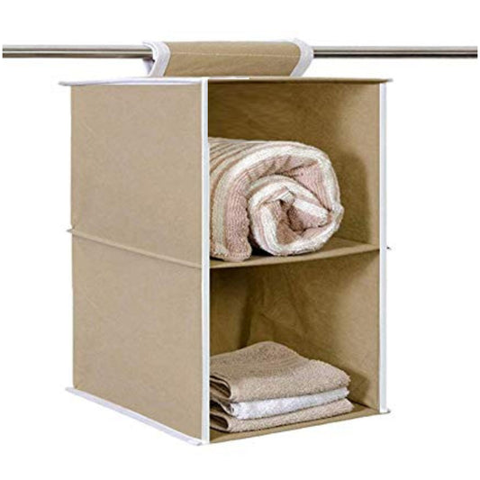 Non Woven Foldable Hanging 2 Shelves Wardrobe/Closet Cloth Organizer (Beige)-Pack of 1 Regular Organizer