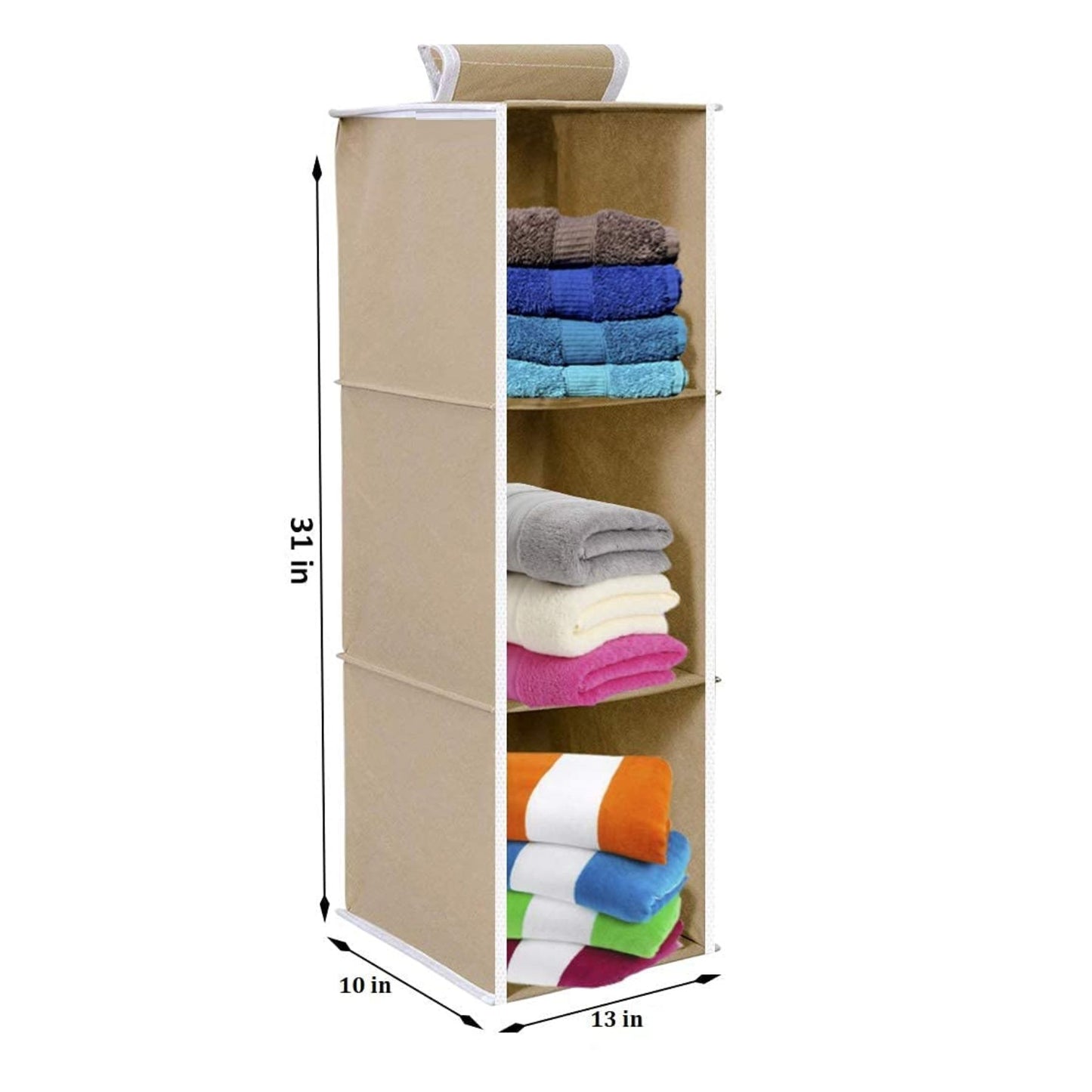 Non Woven Foldable Hanging 3 Shelves Wardrobe/Closet Cloth Organizer (Beige)-Pack of 1 Regular Organizer