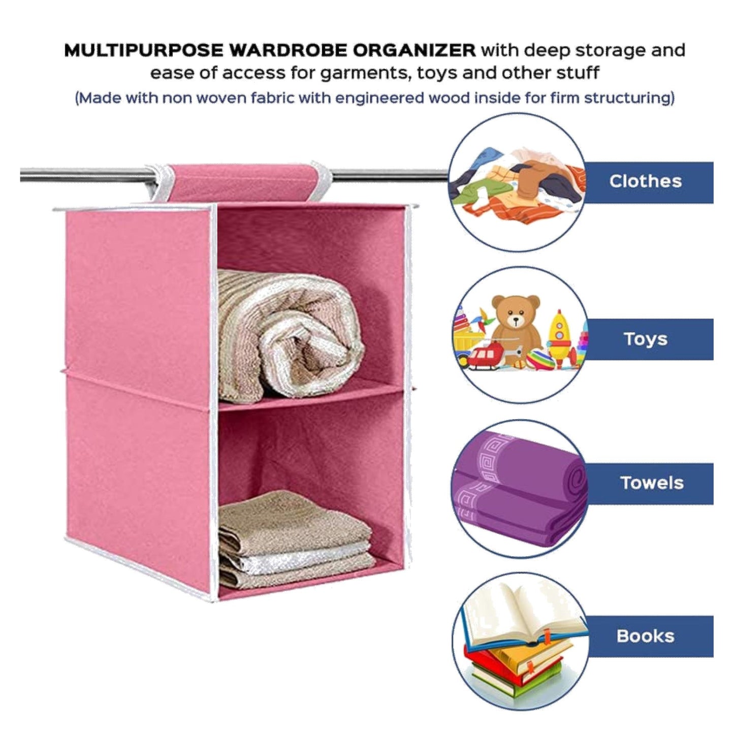 Non Woven Foldable Hanging 2 Shelves Wardrobe/Closet Cloth Organizer (Pink)-Pack of 1 Regular Organizer