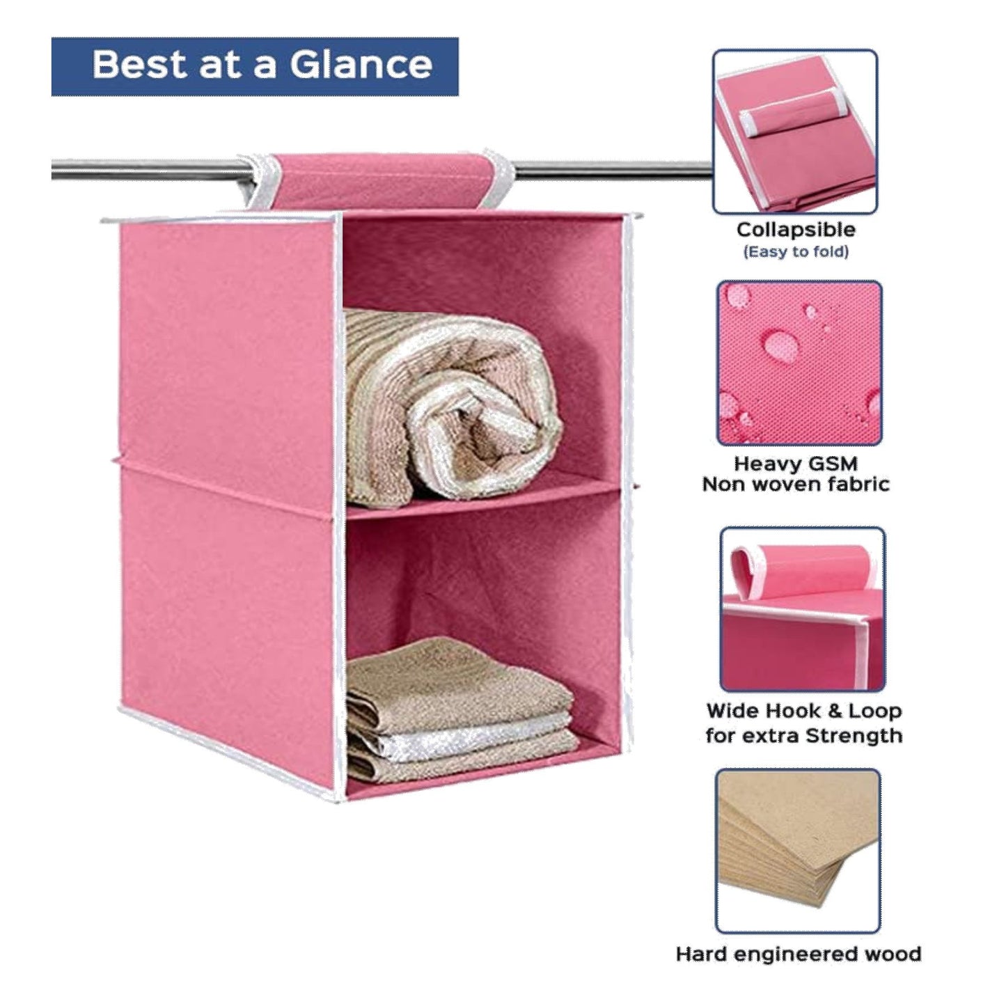 Non Woven Foldable Hanging 2 Shelves Wardrobe/Closet Cloth Organizer (Pink)-Pack of 1 Regular Organizer