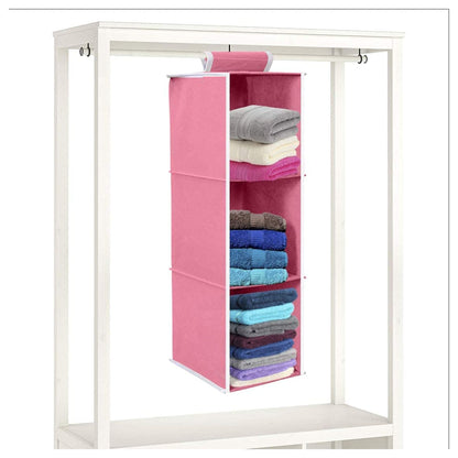 Non Woven Foldable Hanging 3 Shelves Wardrobe/Closet Cloth Organizer (Pink)-Pack of 1 Regular Organizer