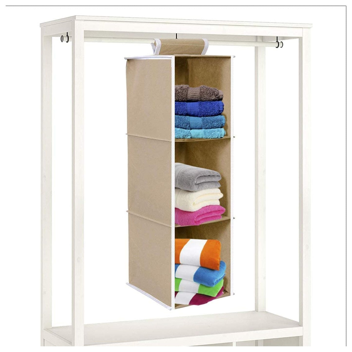 Non Woven Foldable Hanging 3 Shelves Wardrobe/Closet Cloth Organizer (Beige)-Pack of 1 Regular Organizer