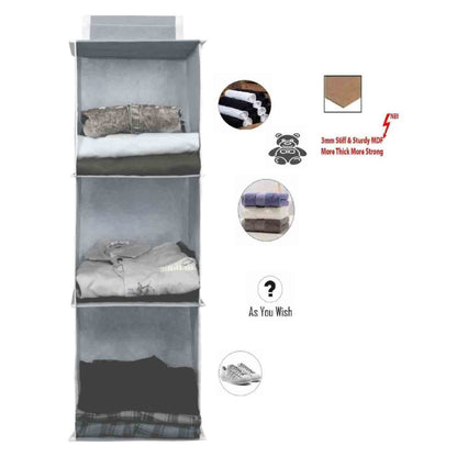 Non Woven Foldable Hanging 3 Shelves Wardrobe/Closet Cloth Organizer (Grey)-Pack of 1 Regular Organizer