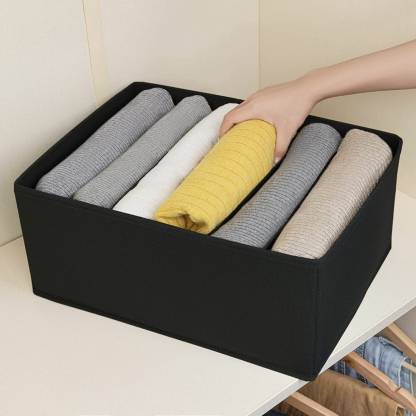 Wardrobe Clothes Organizer, 6 Grids Washable Portable Closet Organizer Storage Box Foldable Closet Drawer Organizer for Underwear, Socks, Scarves, Leggings, Skirts, T-shirts, Jeans (Black, 1 Grids 6)